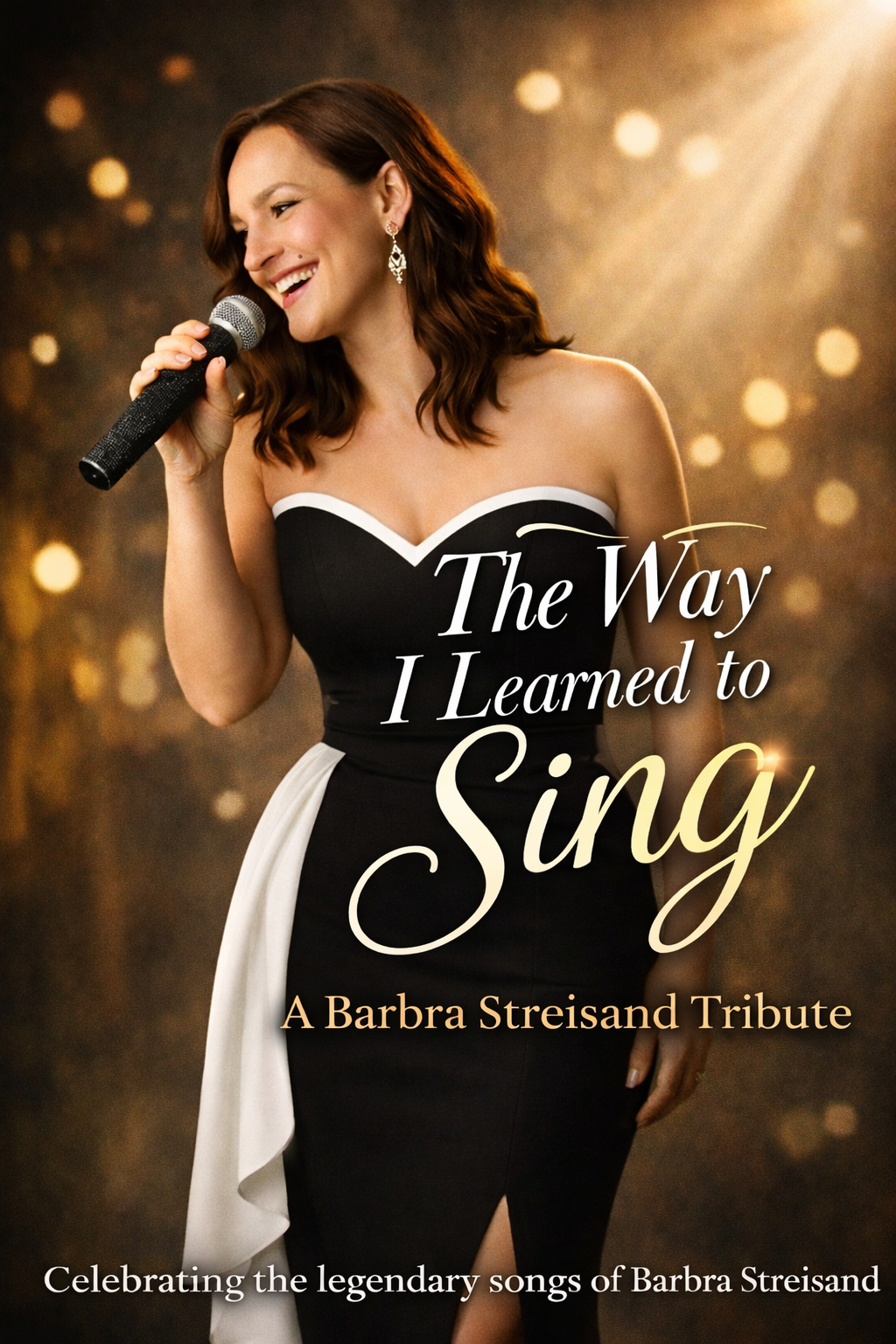 Cover of a tribute album titled 'The Way I Learned to Sing,' featuring a woman with shoulder-length brown hair, wearing a strapless black and white dress, holding a microphone, with warm golden light and bokeh background.