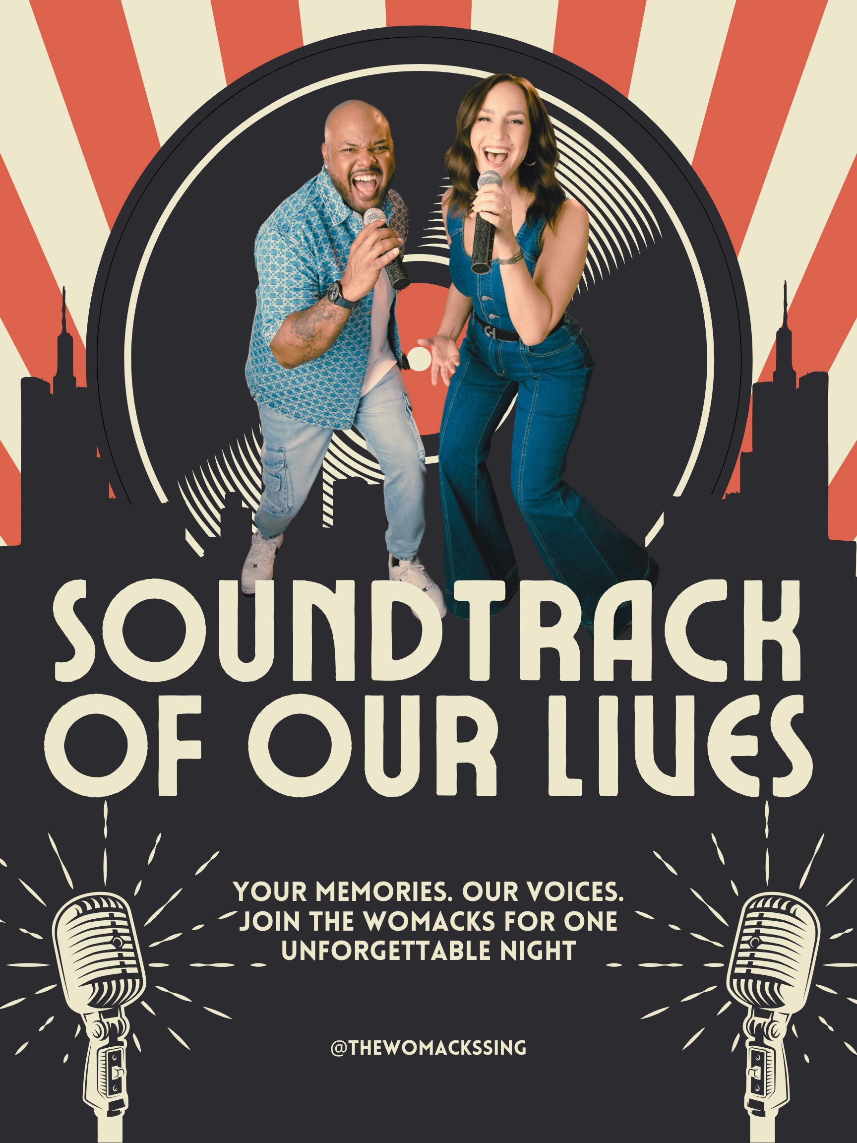 A promotional poster featuring two people singing or performing with microphones. The background has a vintage microphone illustration and stylized skyline with a red and cream striped pattern. Text on the poster promotes an event called 'Soundtrack of Our Lives,' inviting people to join for an unforgettable night.