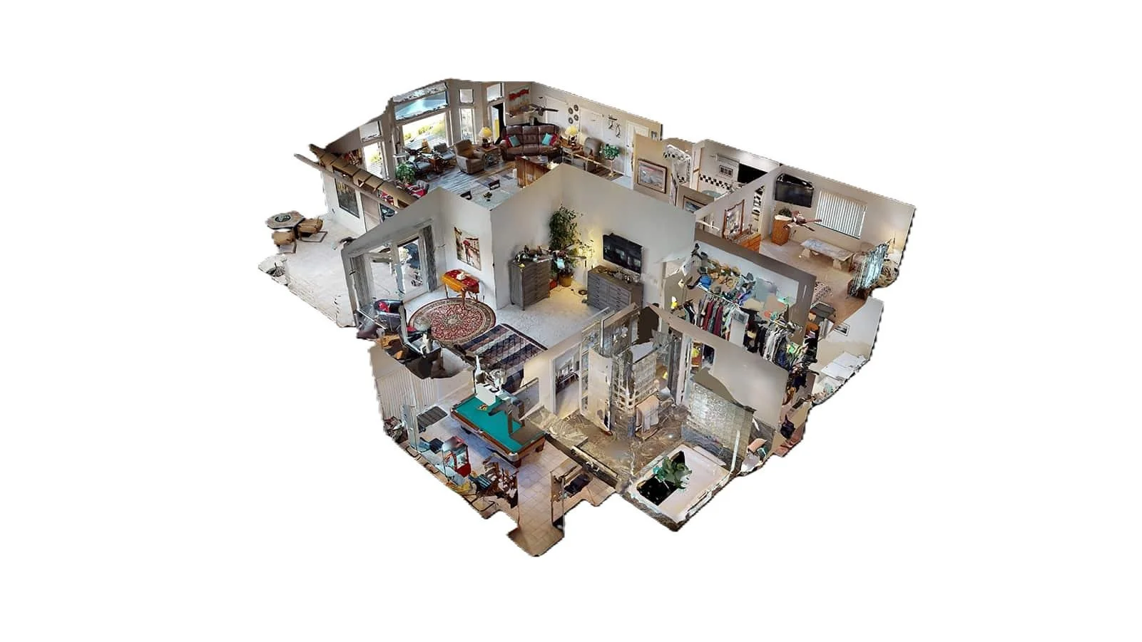 3D floor plan of a house showing multiple rooms including a living room, bedroom, dining area, kitchen, and hallway with furniture and decor.
