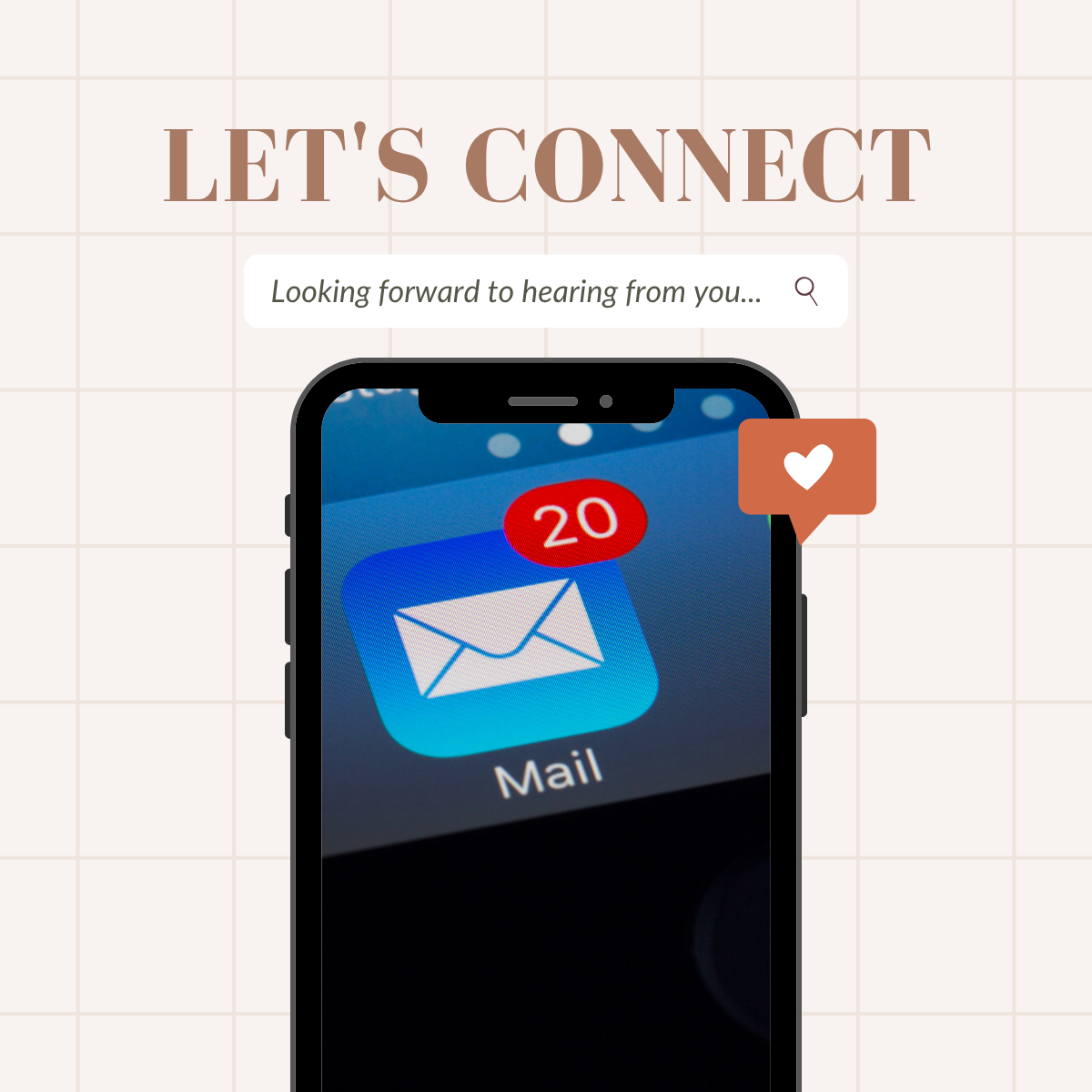 A smartphone screen showing an email app with 20 unread messages, with a notification badge and a like icon.