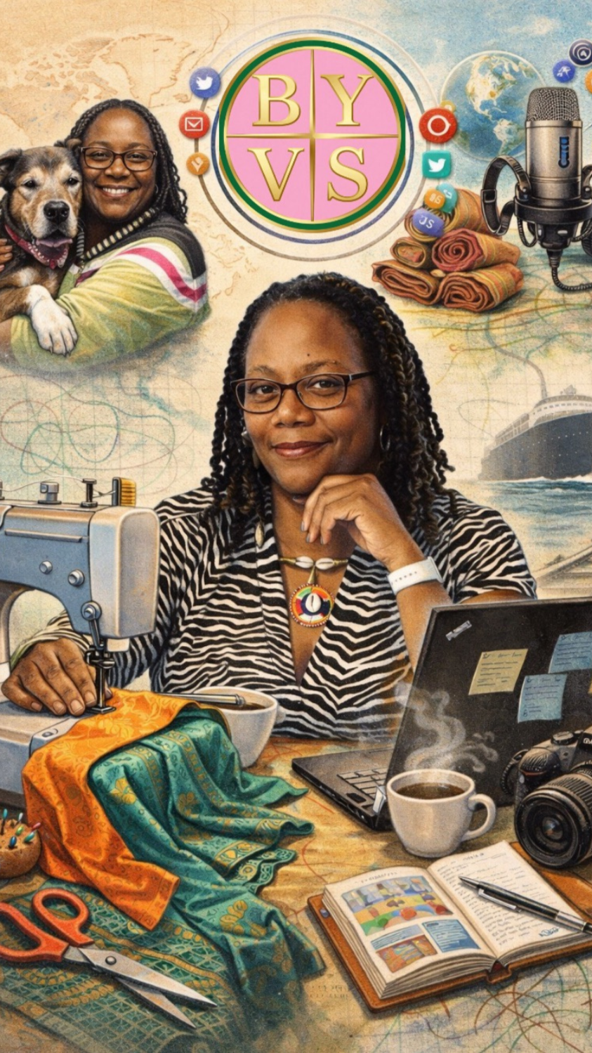 A woman sitting at a desk with a sewing machine, open book, coffee cup, camera, and sewing supplies, smiling at the camera. In the background, another woman holding a dog next to a logo with the letters 'BY VS' and various travel and communication icons and images.