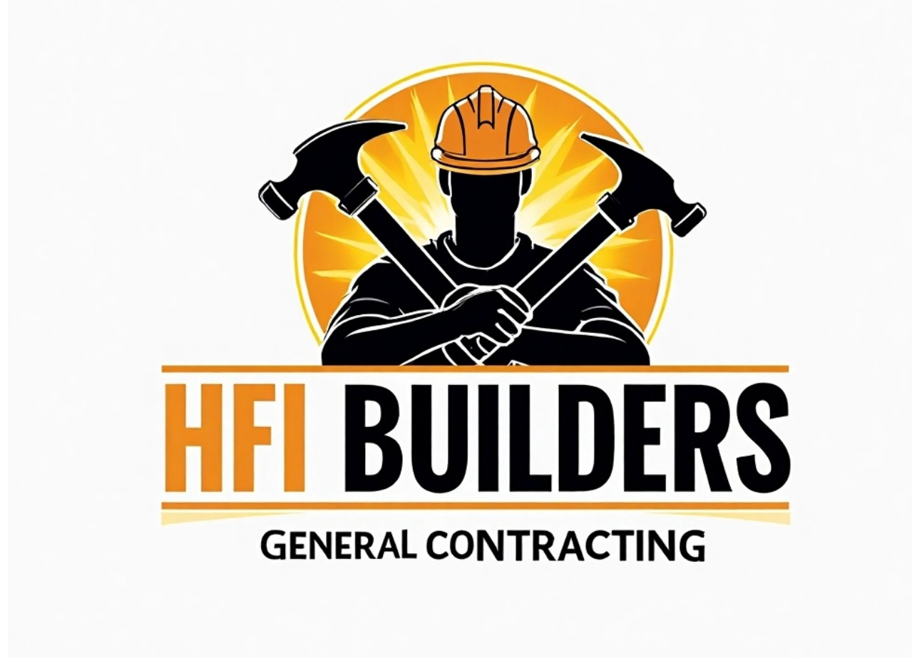 Logo of HFI Builders, a general contracting company, featuring a silhouette of a construction worker wearing a hard hat, holding two hammers crossed in front, with a yellow sunburst behind.