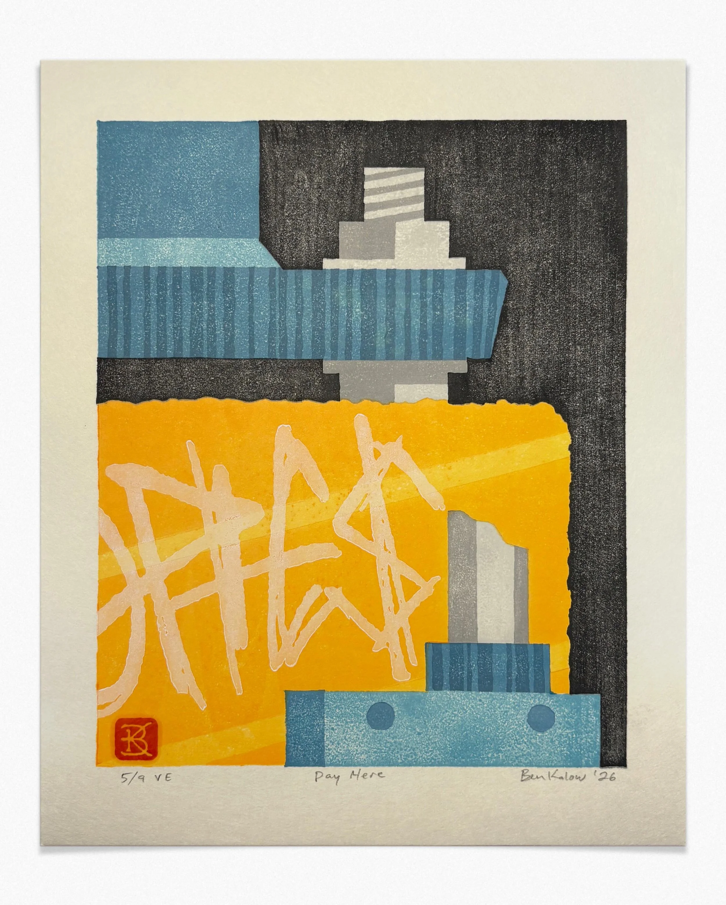&ldquo;Pay Here&rdquo;
Reductive woodcut: 10 color impressions from 4 wood blocks.
Gouache, watercolor, sumi, oil relief ink

I printed this one on 14 different types of paper!
It was amazing how much I learned from it &mdash; I&rsquo;ll share some o