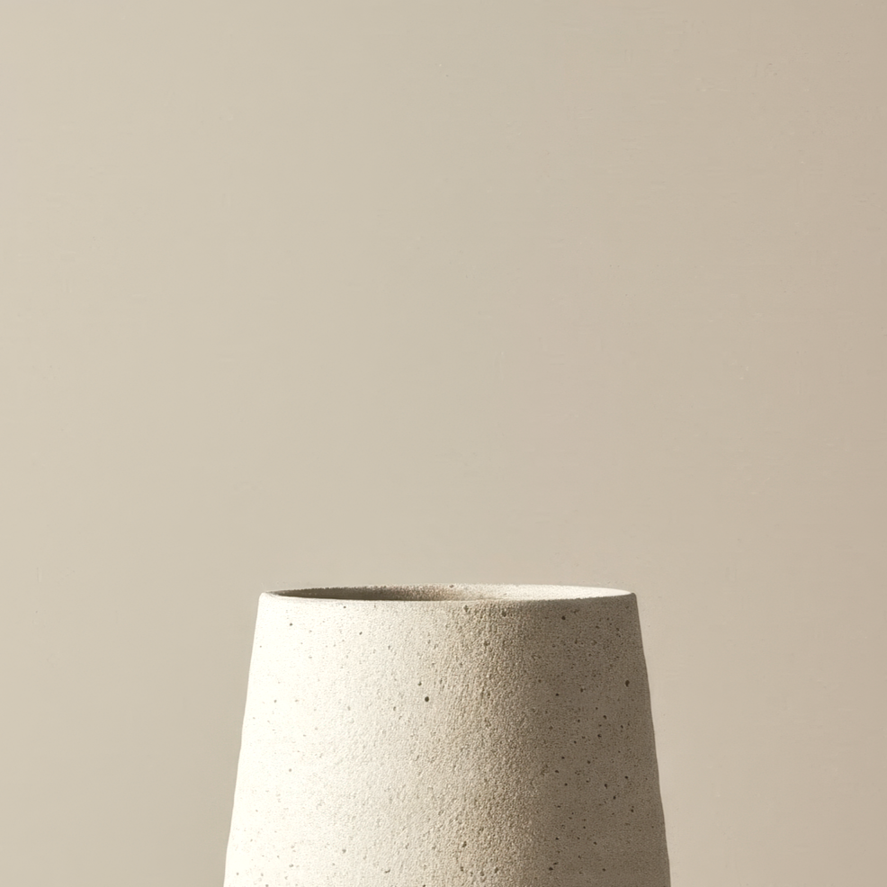 Close-up of a textured, beige ceramic flower pot against a plain light-colored background.