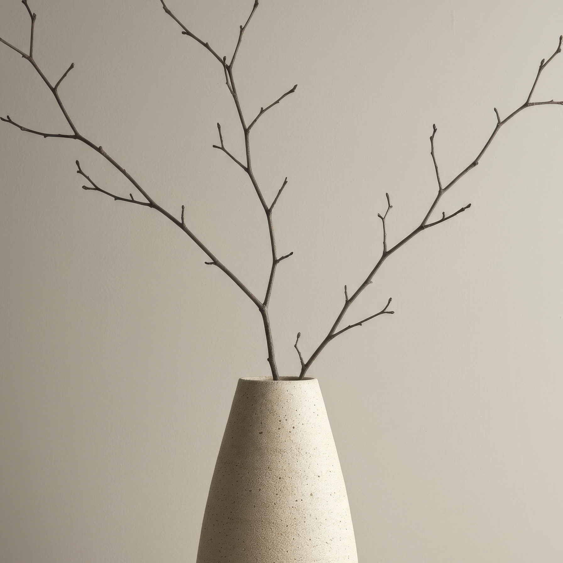 A minimalist beige ceramic vase holding three leafless branches against a plain, light-colored wall.
