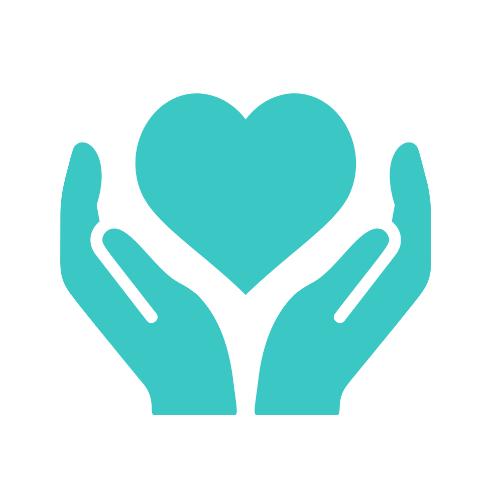 Two teal hands holding a teal heart symbol.