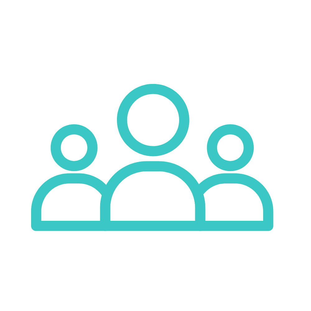 Line drawing of three people, with the middle person larger and in front, representing a group or team concept.