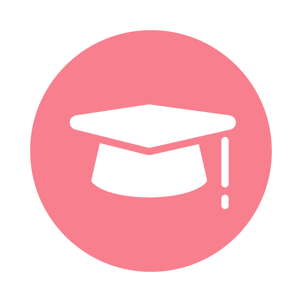 A pink circular icon with a white graduation cap and a vertical exclamation mark, indicating a warning or alert related to education or graduation.