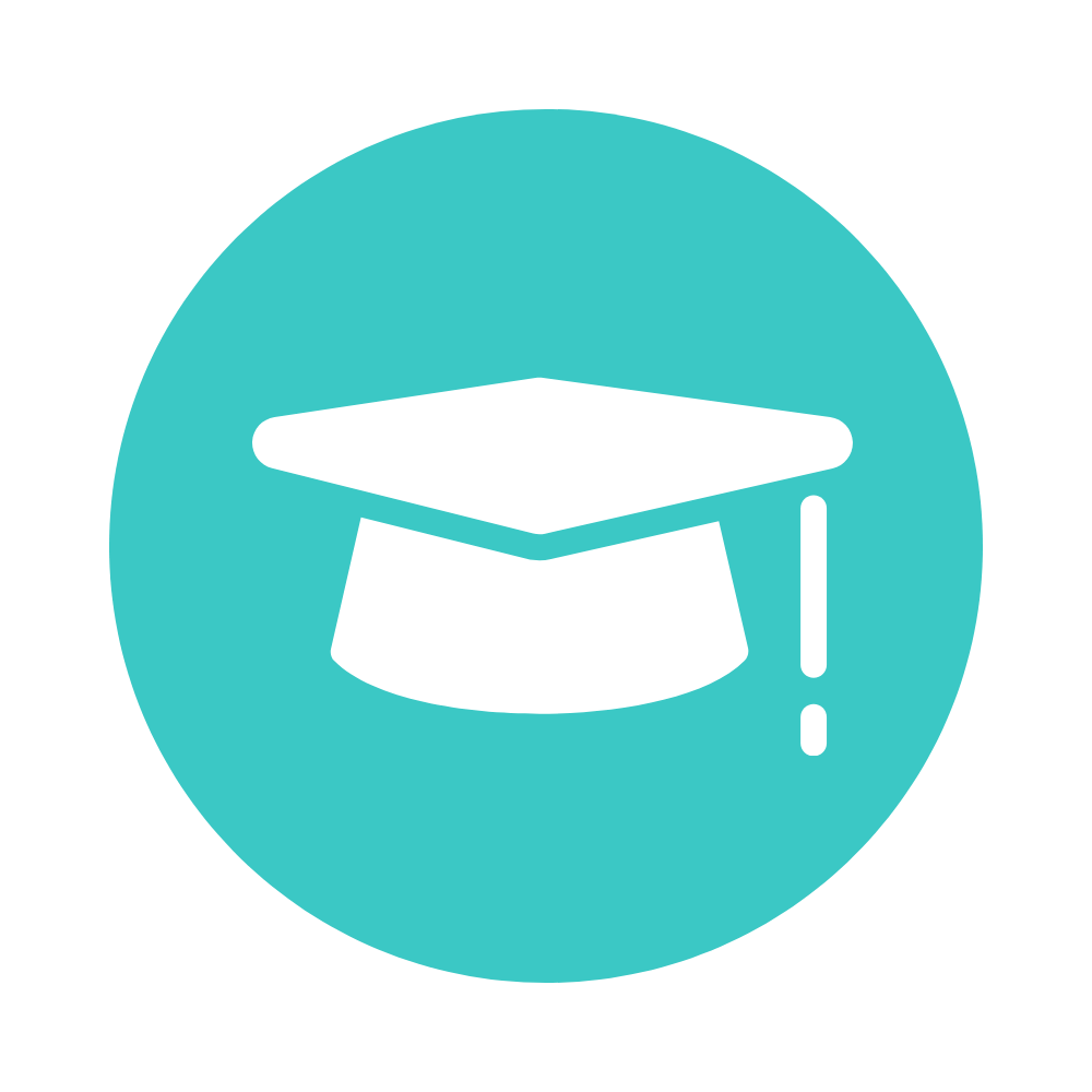 An icon of a white graduation cap with a tassel on a teal circular background.