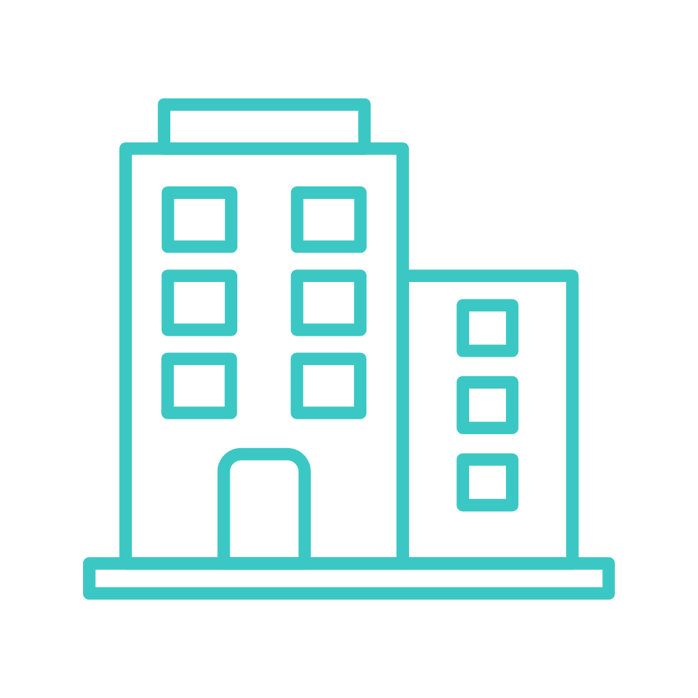 Outline drawing of tall building with multiple windows and an arched entrance, in light blue on black background.