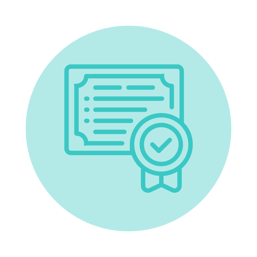 Icon of a certificate with a ribbon and a checkmark, indicating achievement or certification.