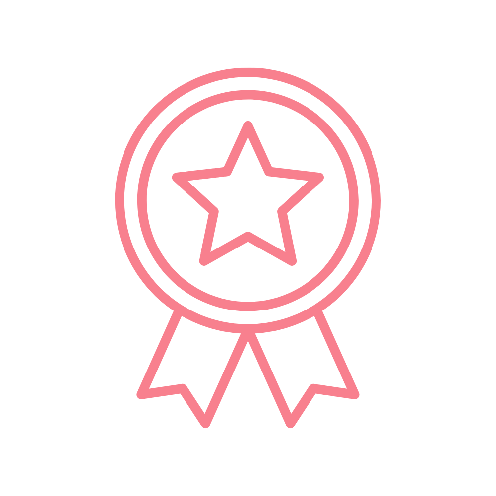 Pink neon badge with a star in the center and two ribbons hanging below on a black background.