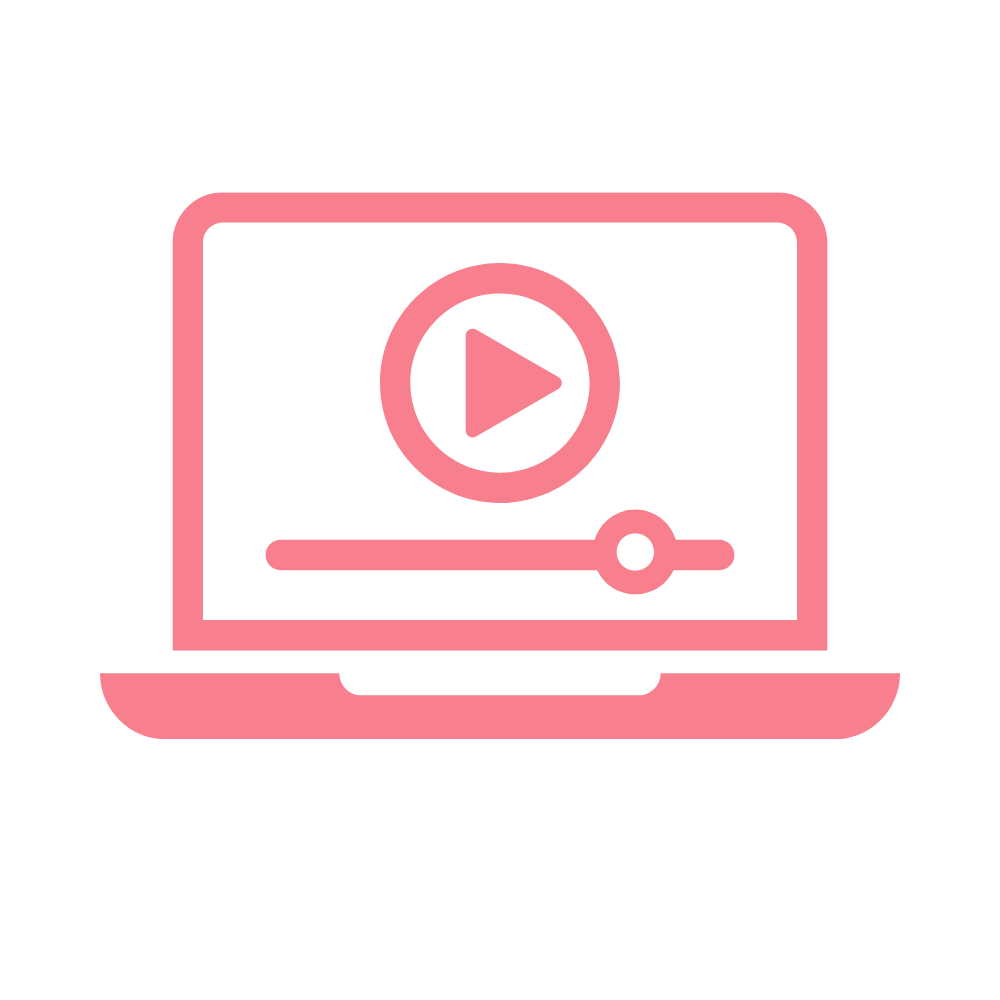 Pink icon of a laptop screen displaying a play button and a progress bar, representing online video playback.