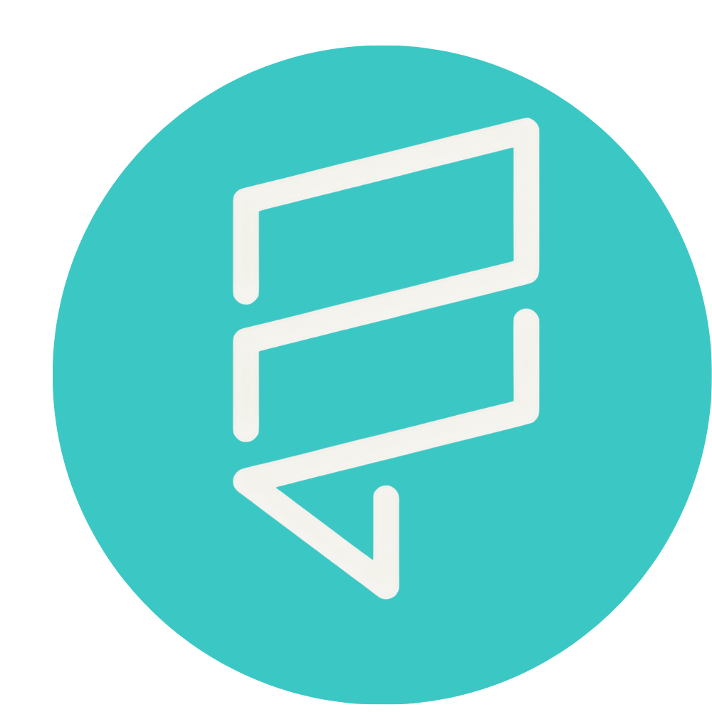White stylized three-tiered shelving icon on a teal circular background.