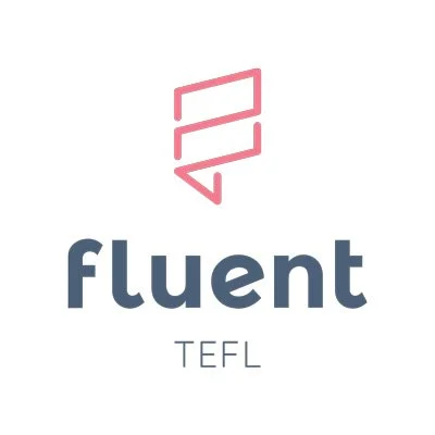 Logo of Fluent TEFL with a geometric pink icon above the word 'fluent' in bold blue text and 'TEFL' underneath in smaller capital letters.