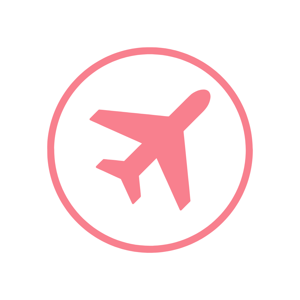 Icon of a pink airplane inside a pink circle, representing travel or airports.