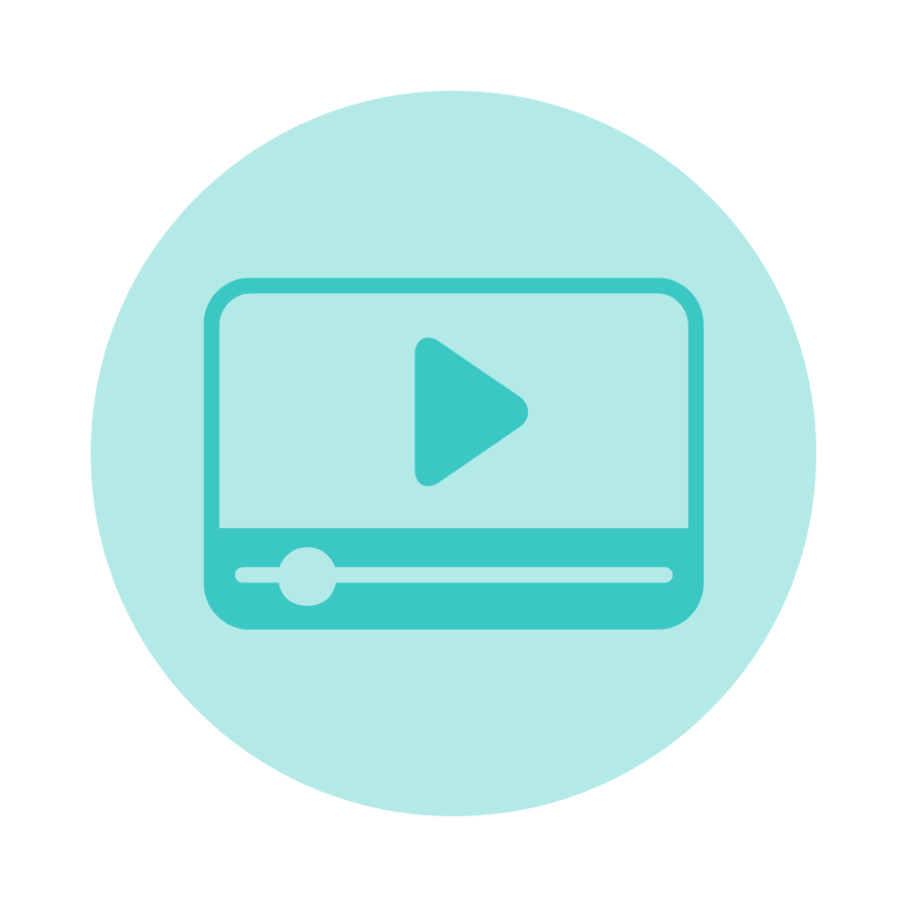 Light blue circular icon depicting a video player with a play button and a progress bar.