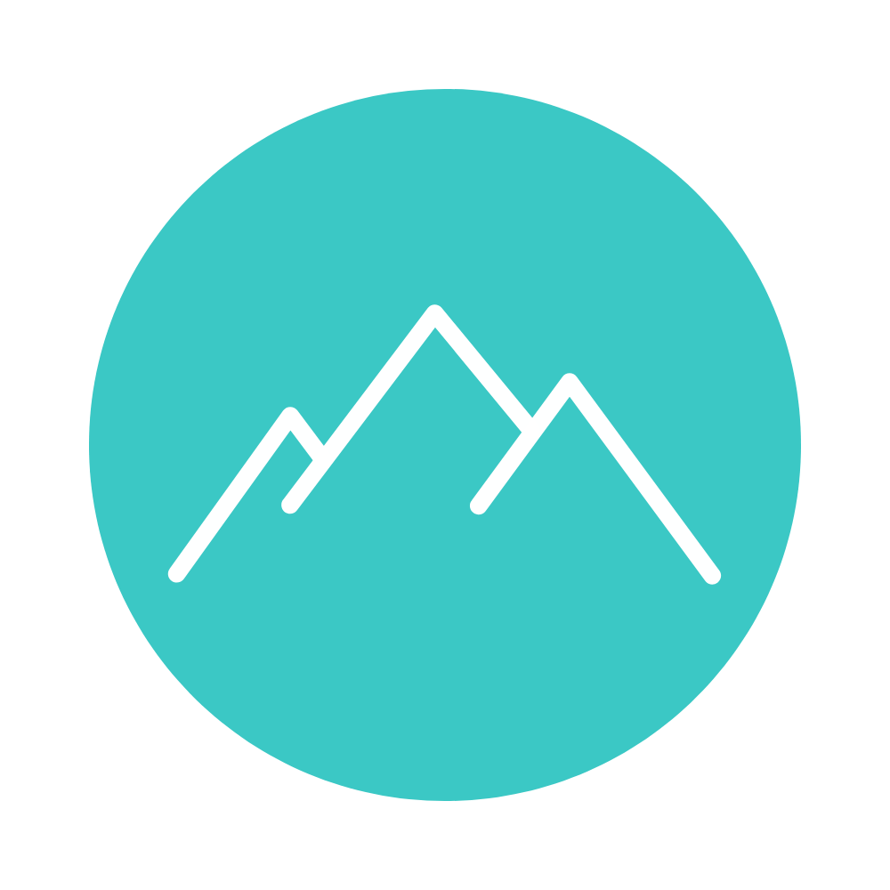 Icon of mountain peaks in white on a teal circular background.