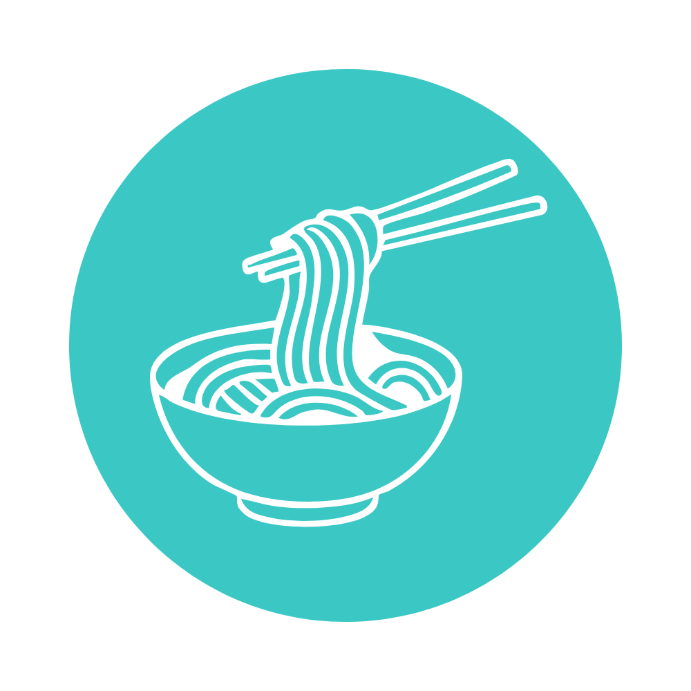 Outline illustration of a bowl of noodles with chopsticks lifting noodles