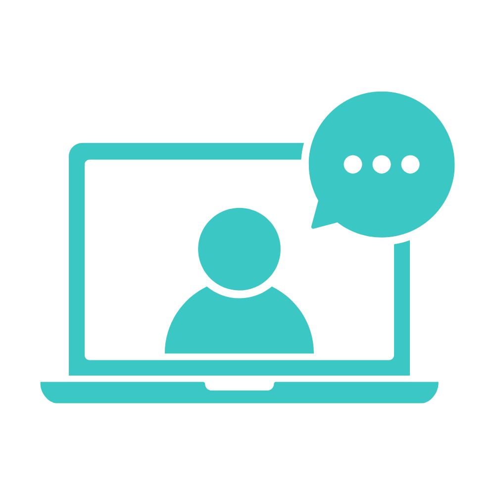 Icon of a person on a video call with a speech bubble indicating conversation or messaging.