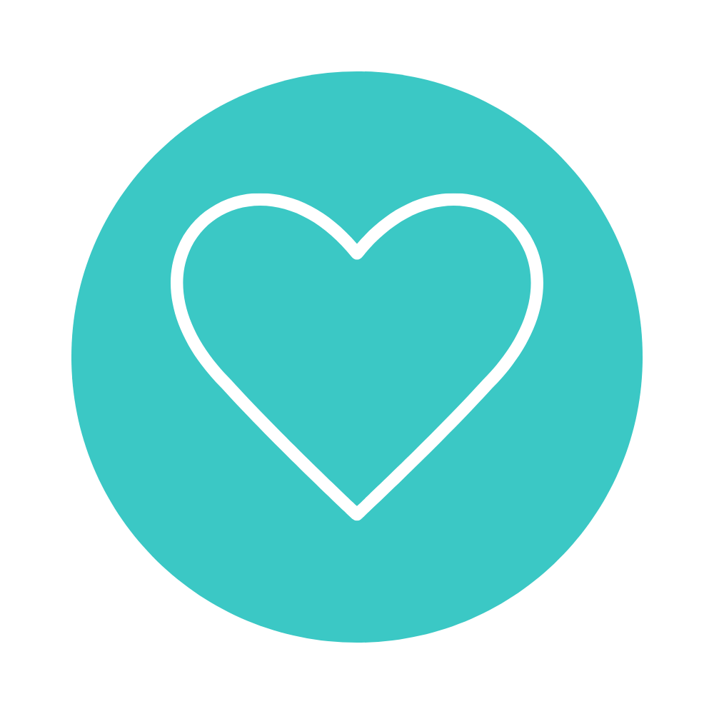 A turquoise circle with a white outline heart symbol in the center.