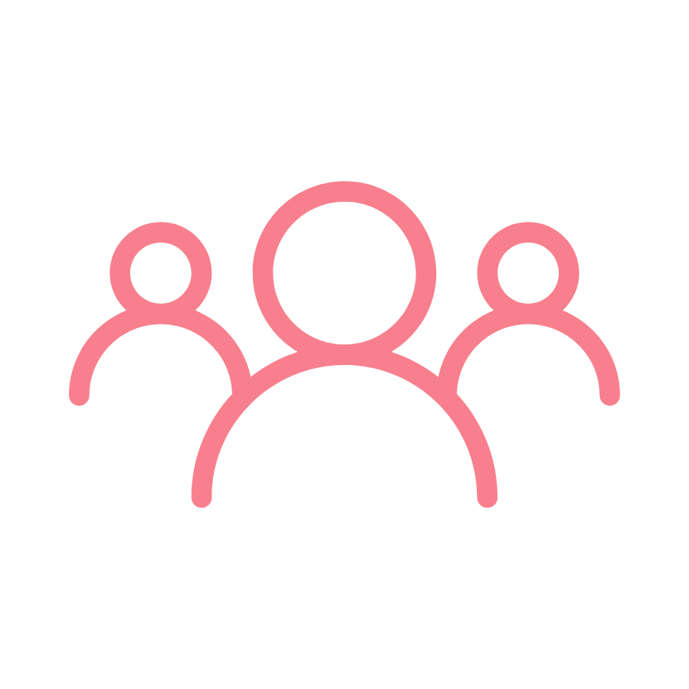 Icon of three pink outline human figures on a black background representing a group or community.