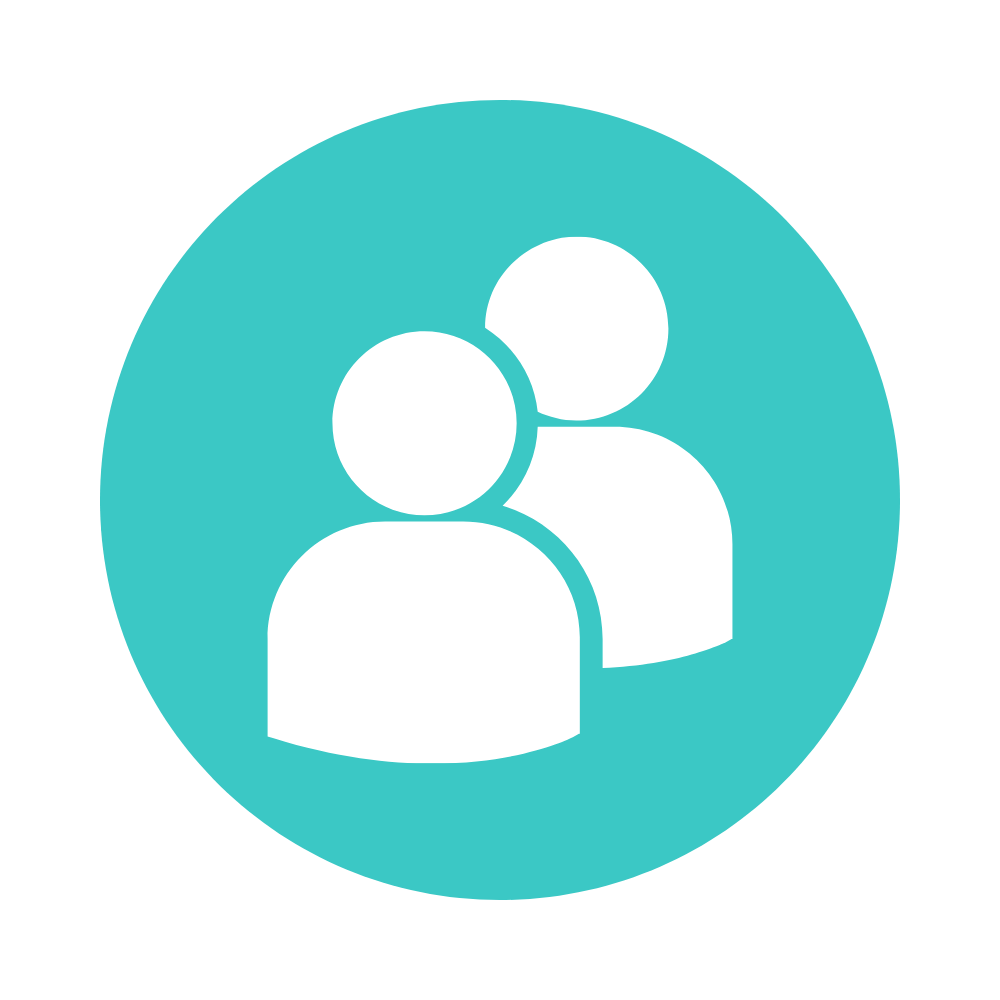 Icon of two white human figures, representing users or people, on a teal circular background.