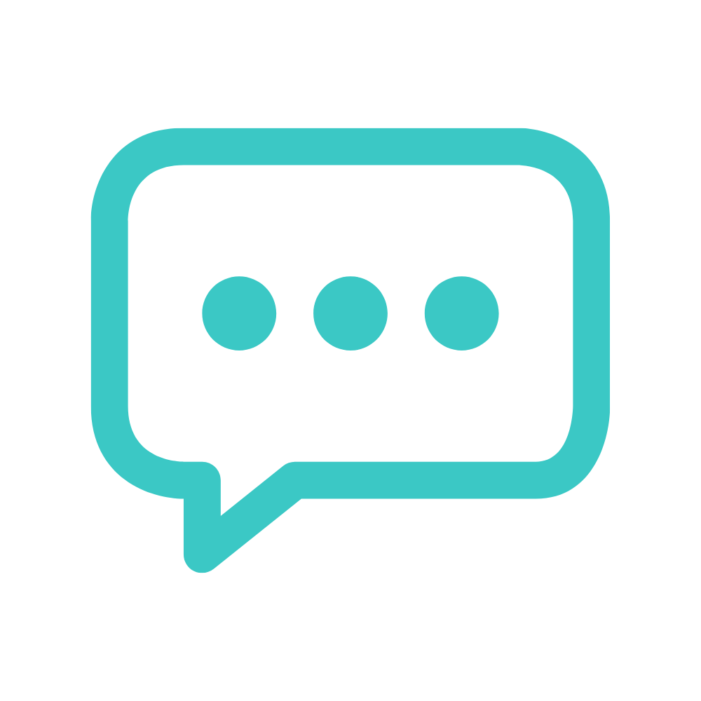 A digital communication icon featuring a speech bubble with three dots inside, symbolizing messaging or conversation.