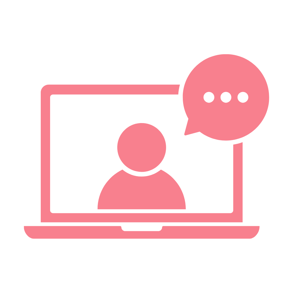 Icons of a person on a computer screen with a speech bubble indicating communication.