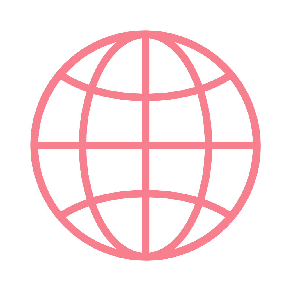 Pink globe icon on a black background representing global connectivity or the internet.