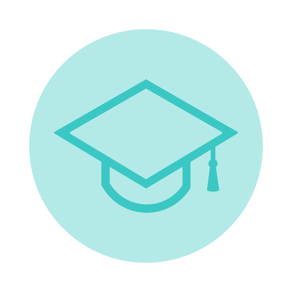 Icon of a graduation cap with a tassel on a light blue background.