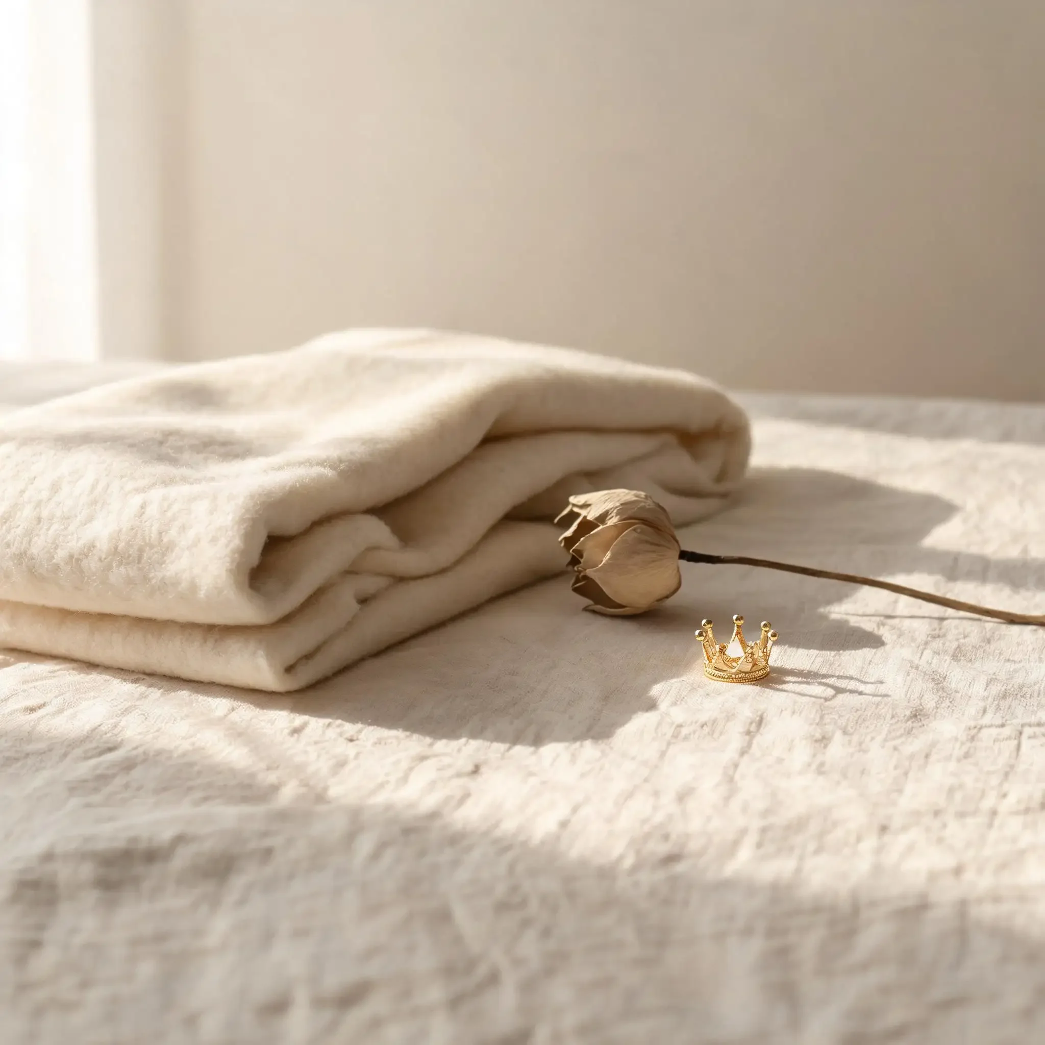 Close-up of cream-colored fabric with dried flower on beige surface