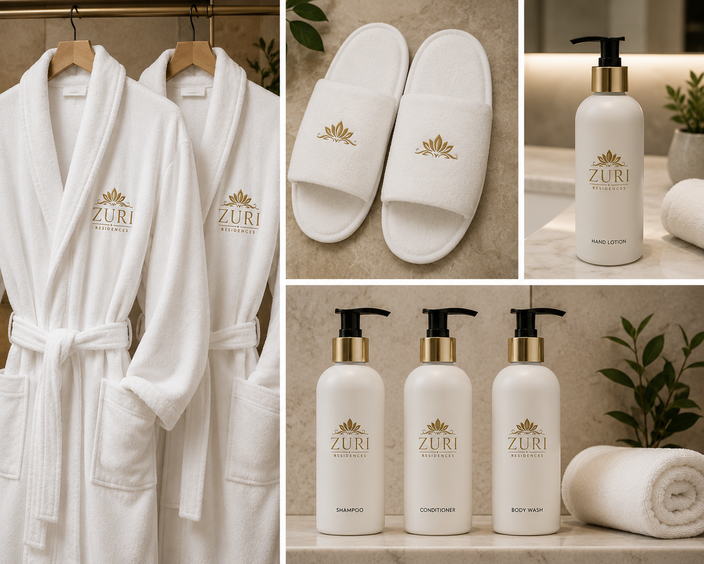 Luxury bathroom amenities including white bathrobes with the Zuri Residences logo, white slippers with the logo, a bottle of hand lotion, bottles of shampoo, conditioner, and body wash, and folded white towels, all arranged on a marble countertop and
