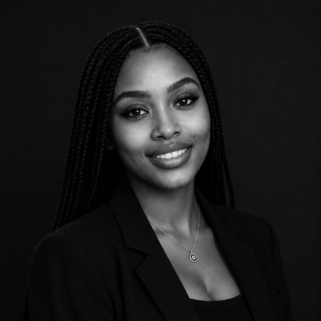 Black and white portrait of a young woman with braided hair, smiling, wearing a dark blazer and necklace with a circular pendant.