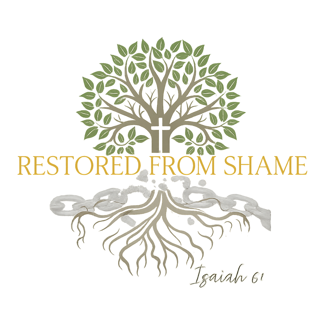 A graphic with a tree and roots, with the phrase 'Restored from Shame' and the reference 'Isaiah 61' at the bottom.