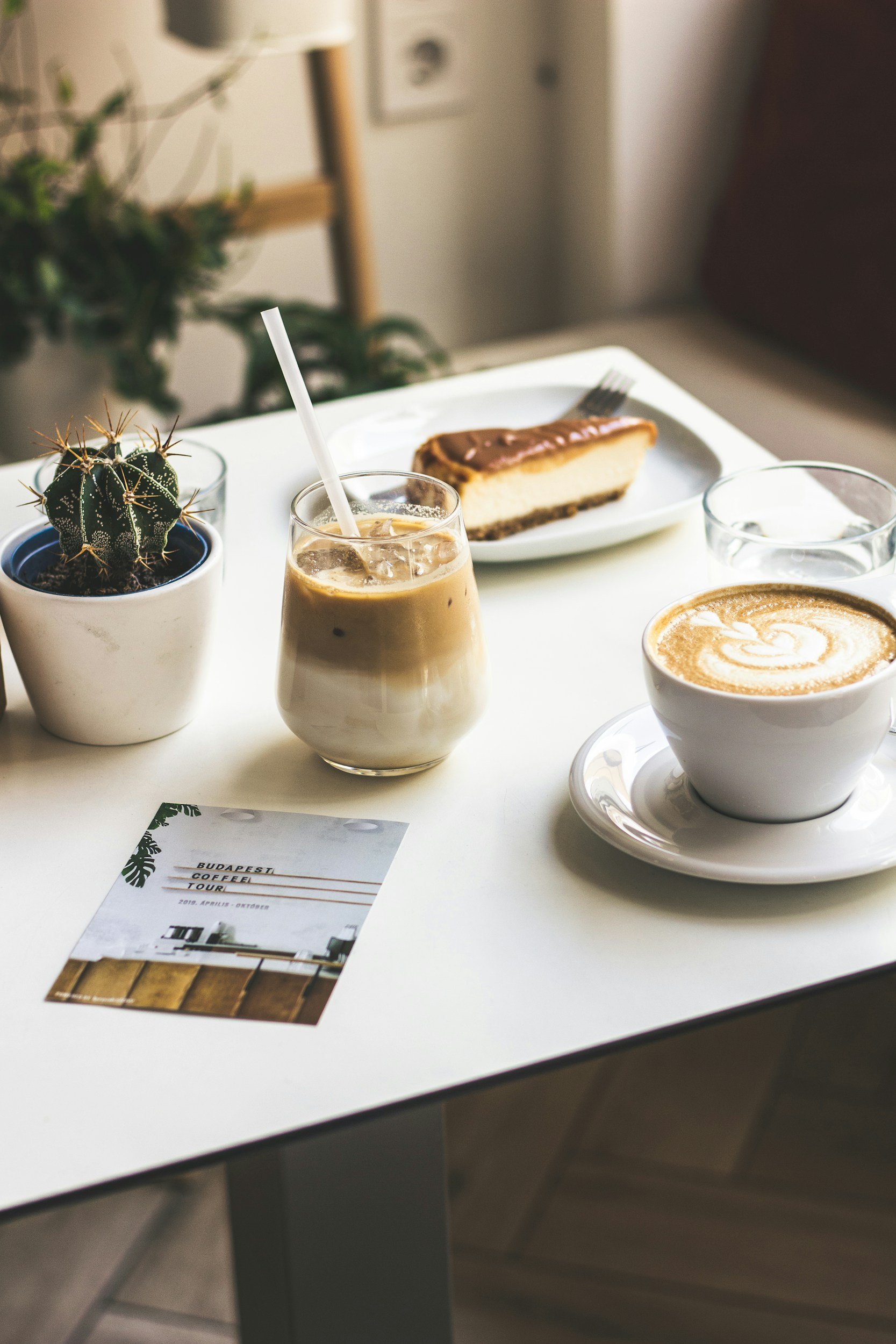 A table in a cafe with a slice of cheesecake, a cappuccino, an iced coffee with a straw, a small cactus plant, and a brochure or menu with the text 'Budapest Coffee Tour'.