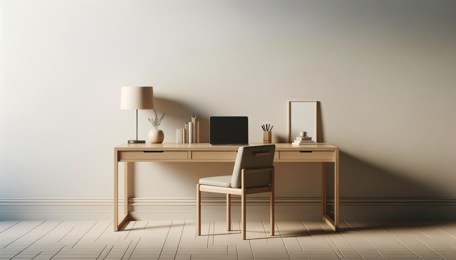 Minimalist home office desk with a lamp, vase, books, laptop, pen holder, and a mirror against a plain beige wall.