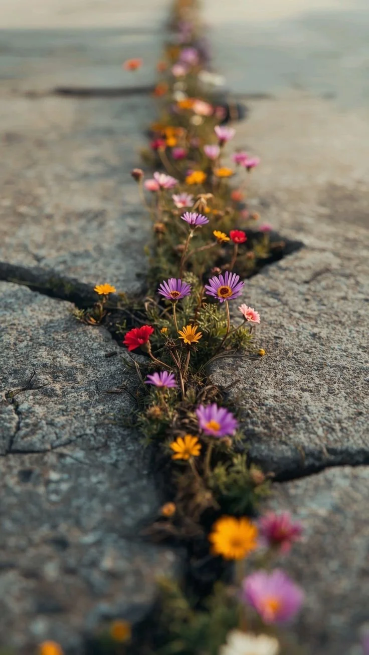 Colorful small flowers growing in a crack of a concrete surface.