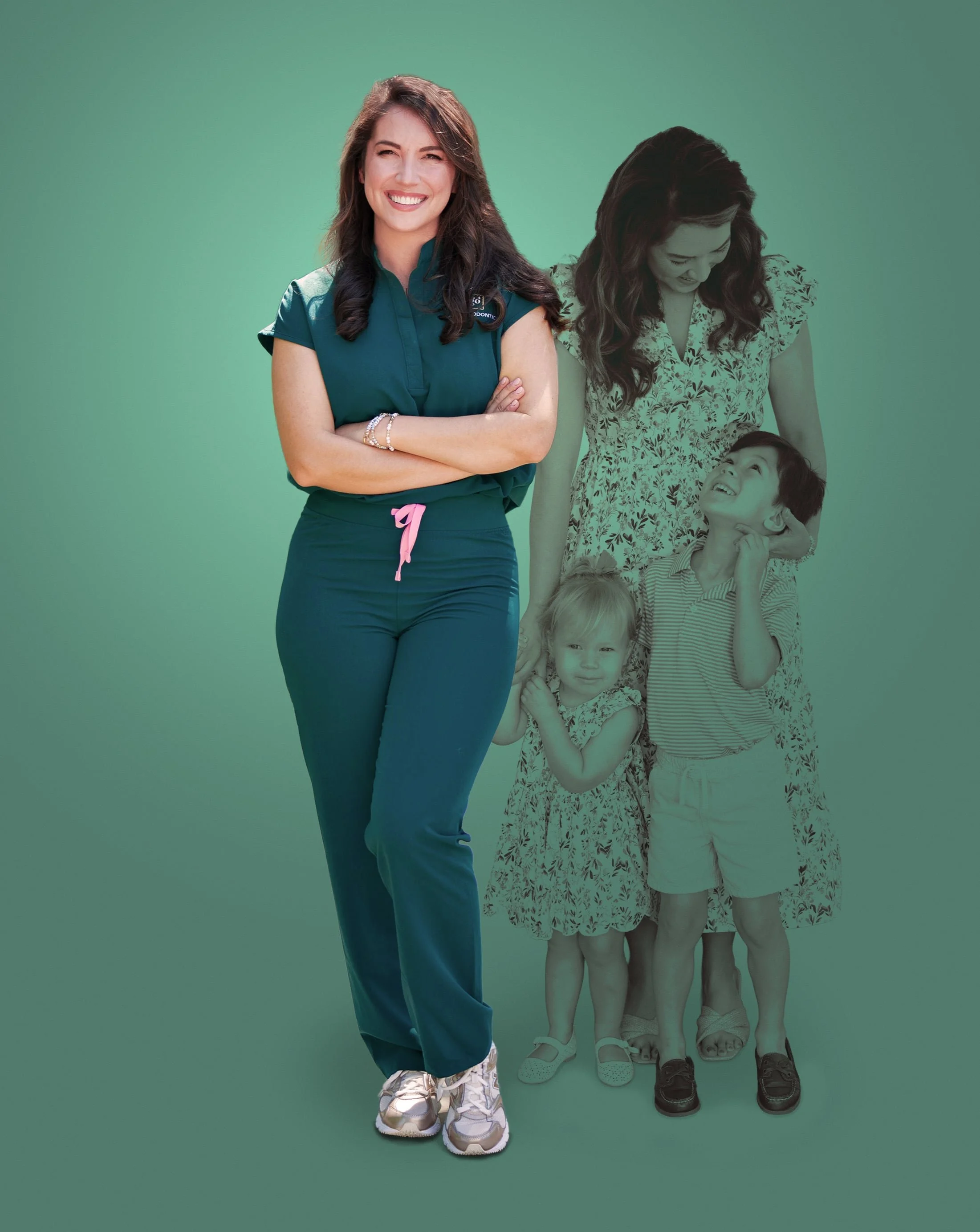 Dr. Avery Gil standing confidently in her clinic scrubs, backed by a faded photo of her family, representing her locally owned Texas Hill Country orthodontic practice.