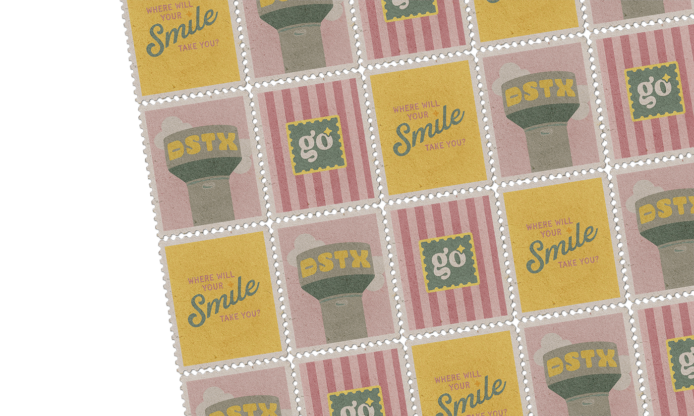 A grid of retro-style postage stamps featuring the Gil Orthodontics logo, a Dripping Springs DSTX water tower, and smile graphics for our Texas Hill Country orthodontic clinic.