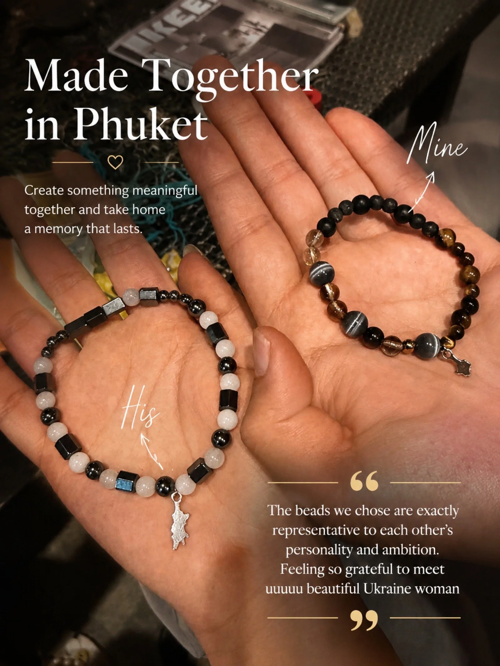 Matching bracelets handmade by a couple during their Phuket jewelry workshop experience