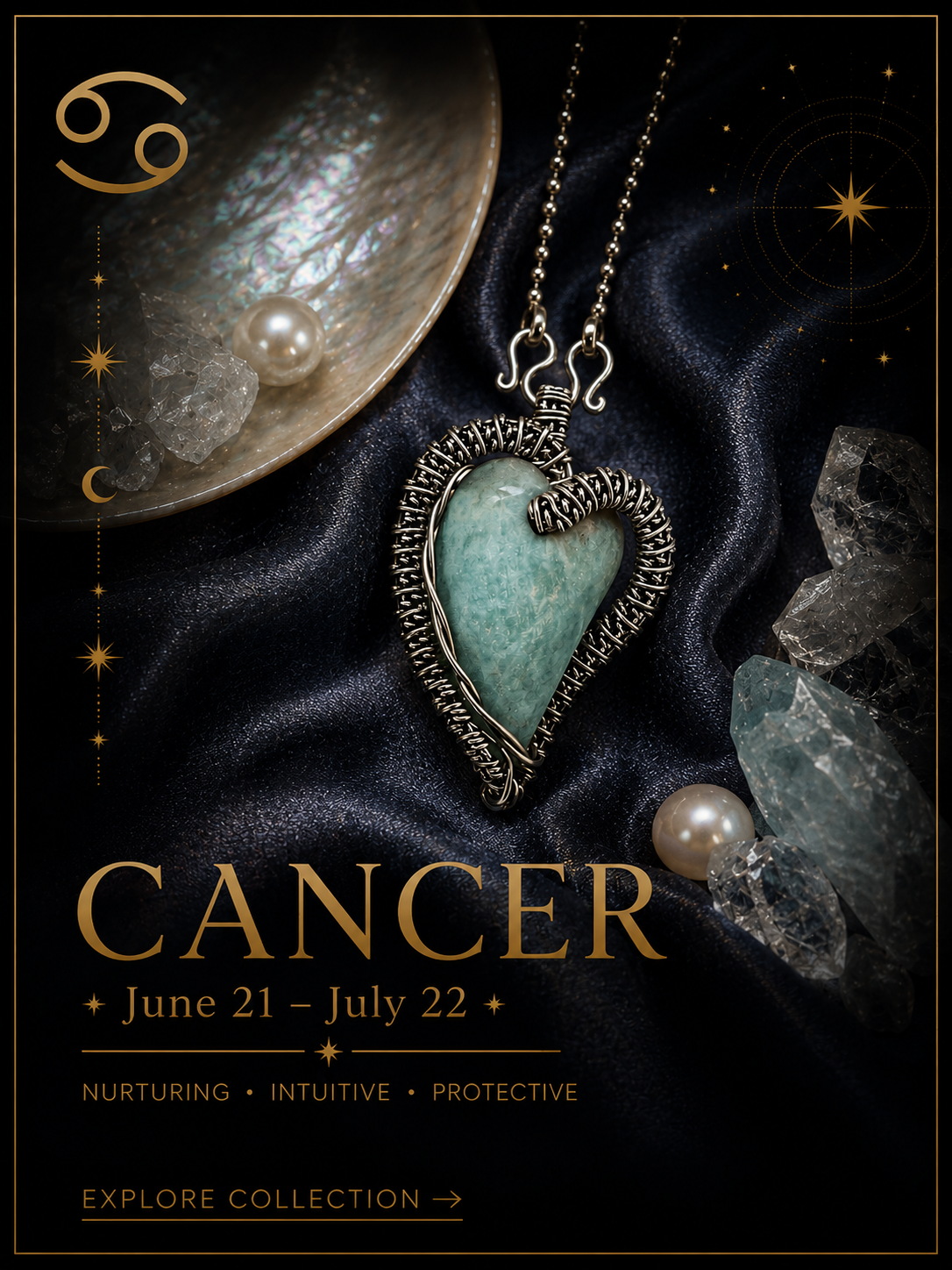 Nurturing gemstones selected to support intuition, emotional depth and compassionate Cancer energy.