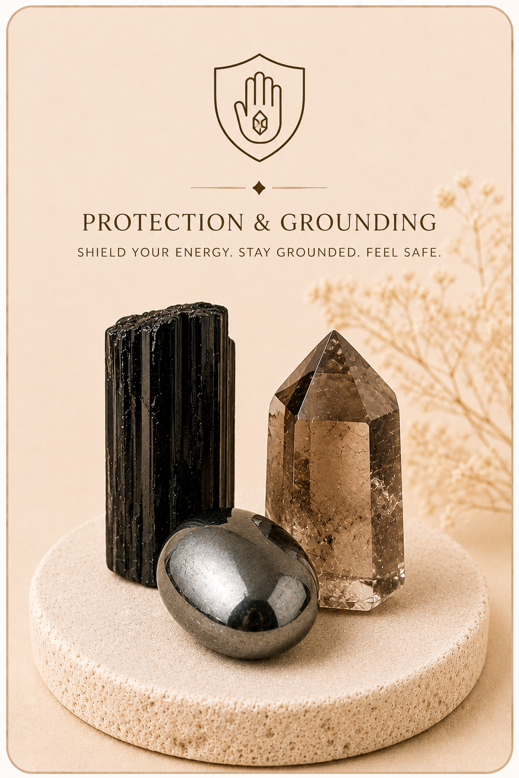 Grounding gemstones selected to encourage stability, protection and a strong connection to the present moment.