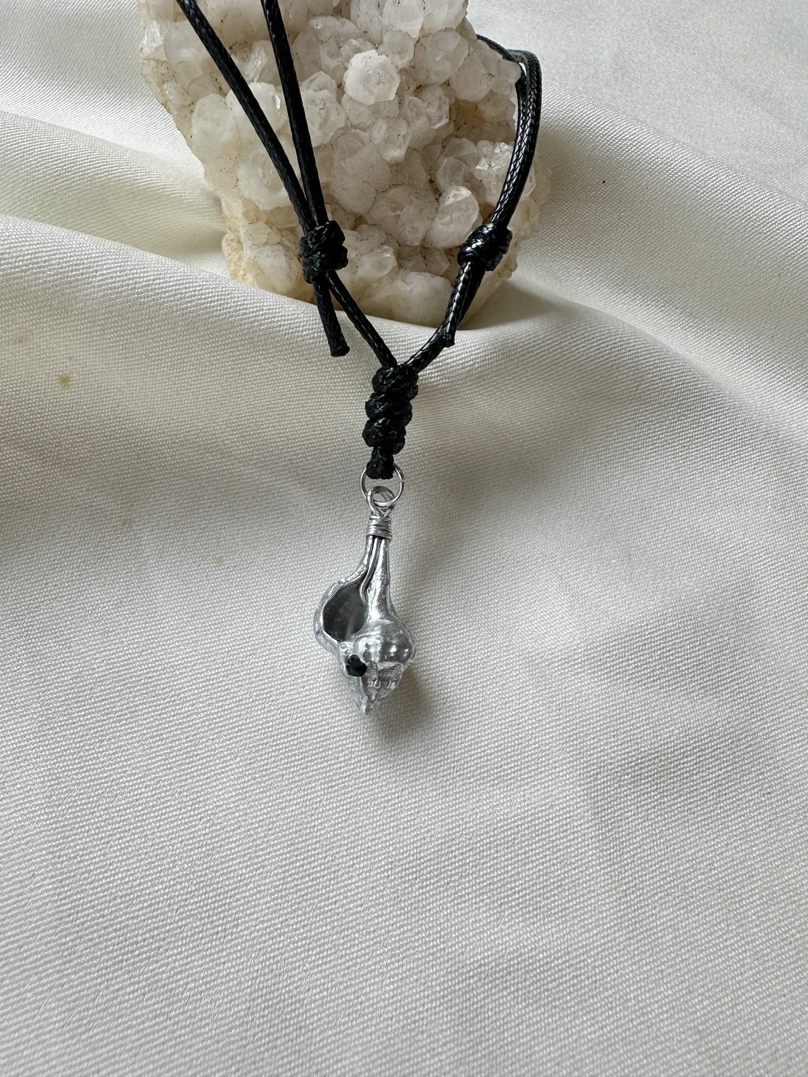 Silver Shell Pendant Necklace on Black Cord