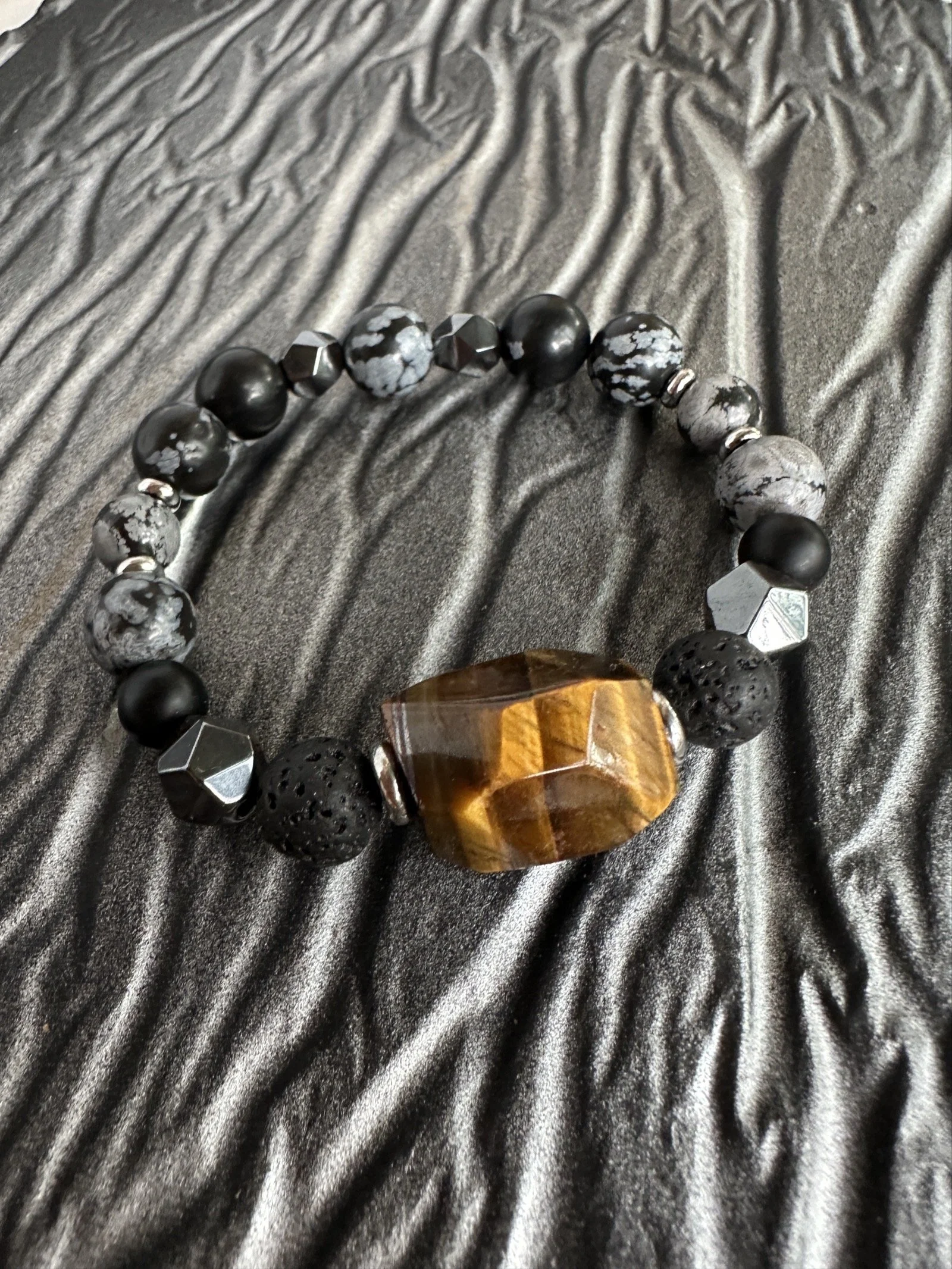 Tiger Eye, Snowflake Obsidian & Lava Stone Bracelet with Hematite