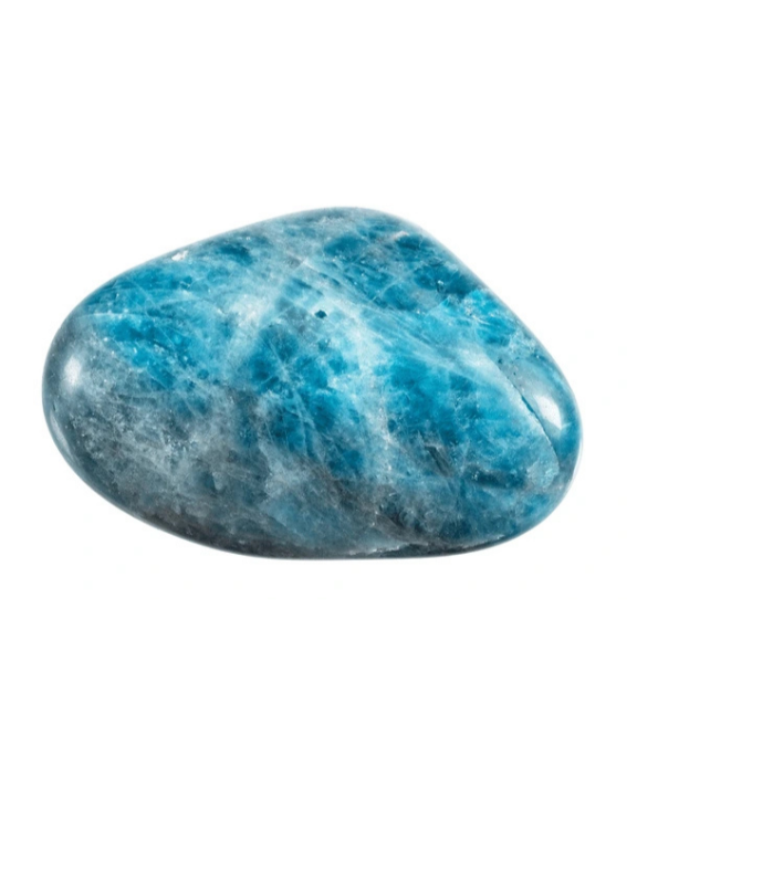 A polished blue apatite on a white background.