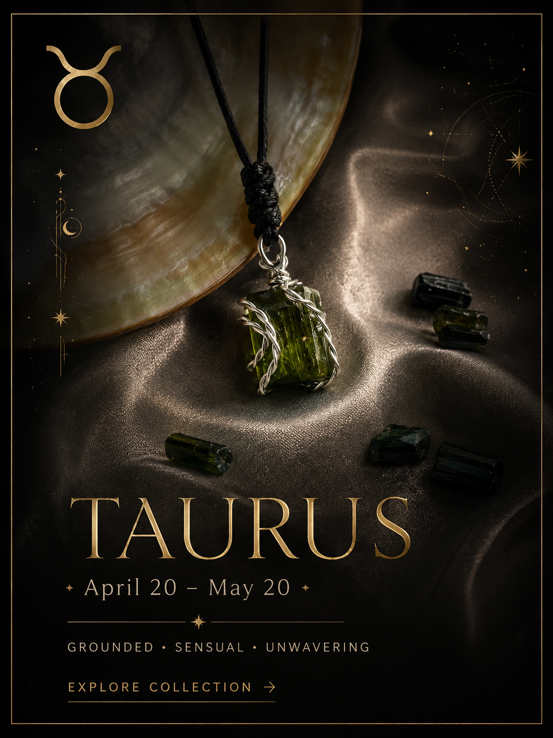 Grounding gemstones chosen to reflect Taurus stability, strength and connection to comfort and nature.