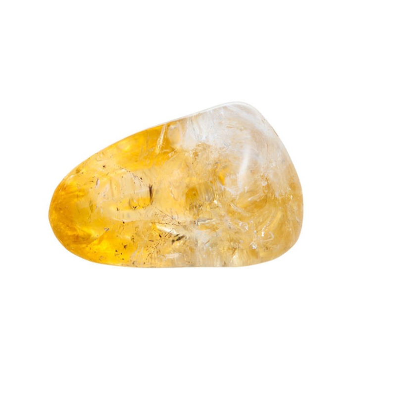 A polished amber stone with yellow and orange hues, semi-translucent, on a white background.