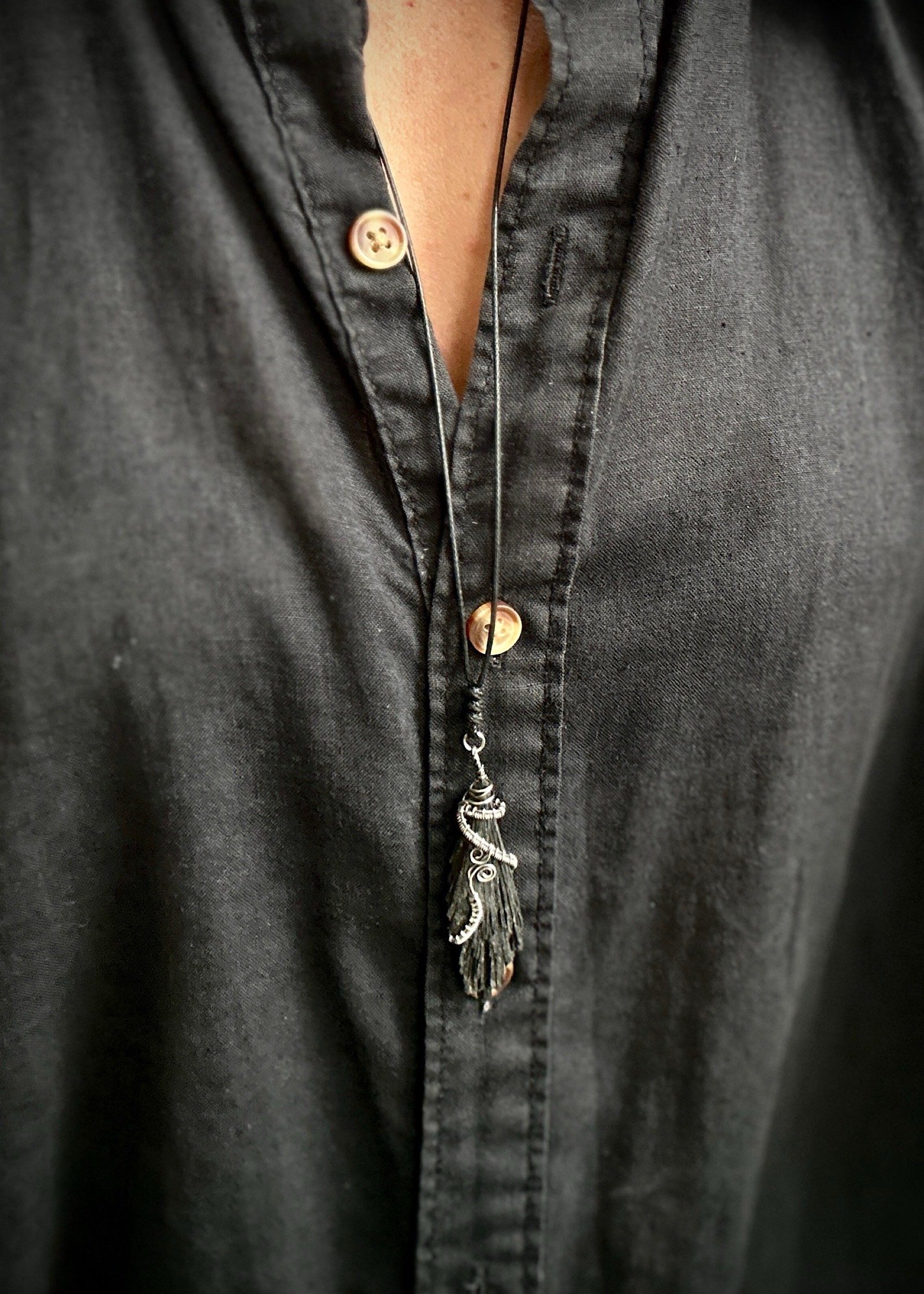 Raw Black Kyanite Pendant Necklace in Sterling Silver | Handmade Protective Crystal Jewelry