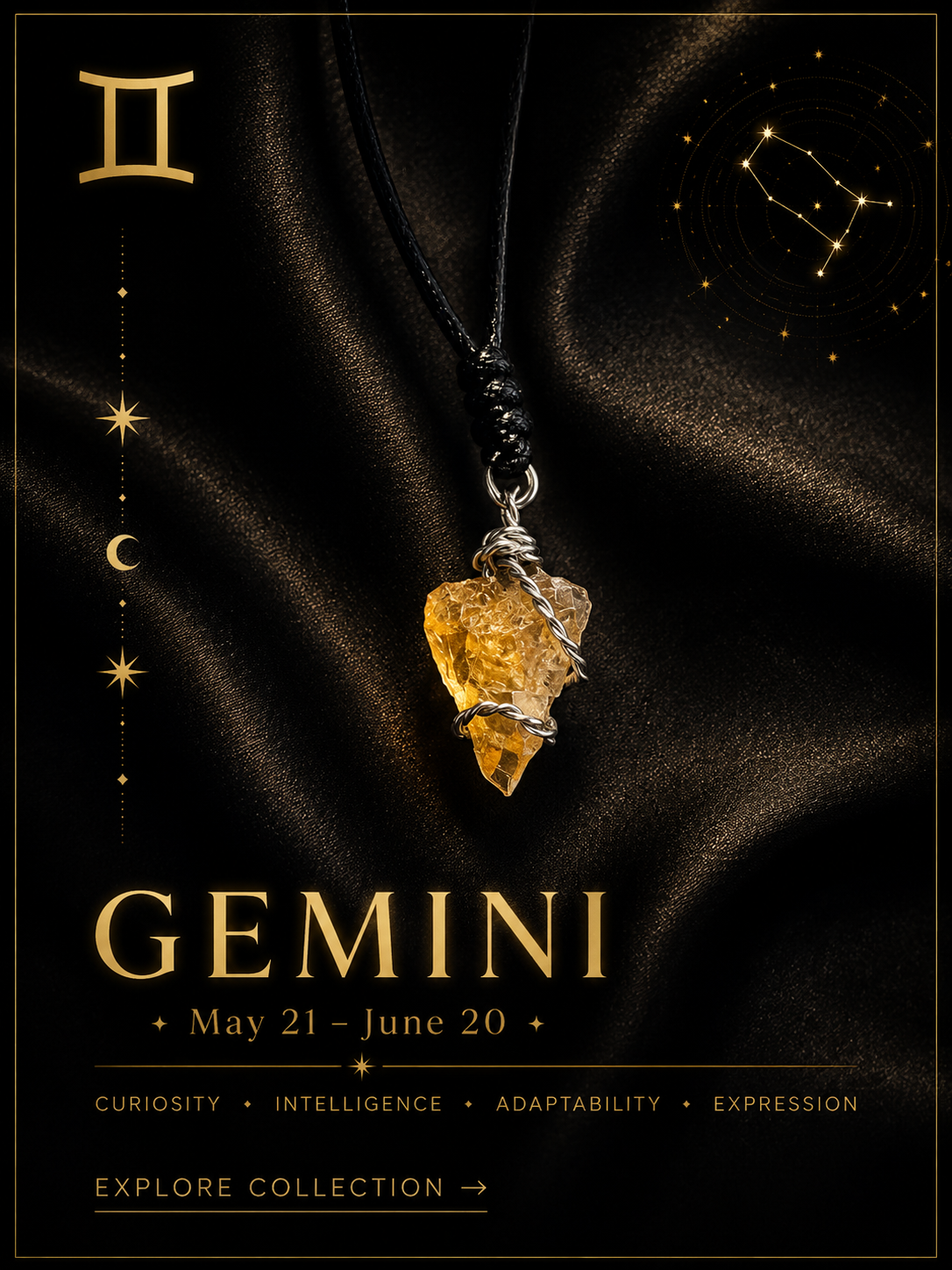 Crystal jewelry inspired by curiosity, communication and the adaptable energy of Gemini.